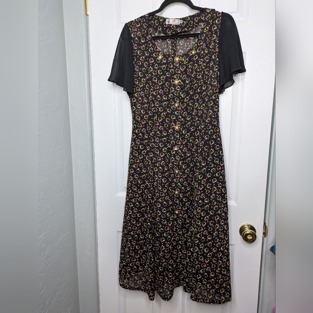 Vintage 90s Floral Midi Dress With Flutter Sleeves Sundress Size Medium